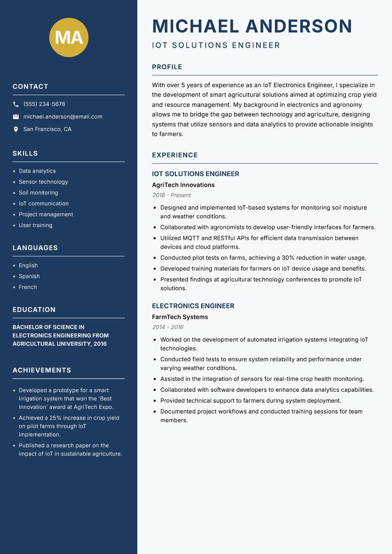 IoT Electronics Engineer resume sample — IoT Solutions Engineer focus