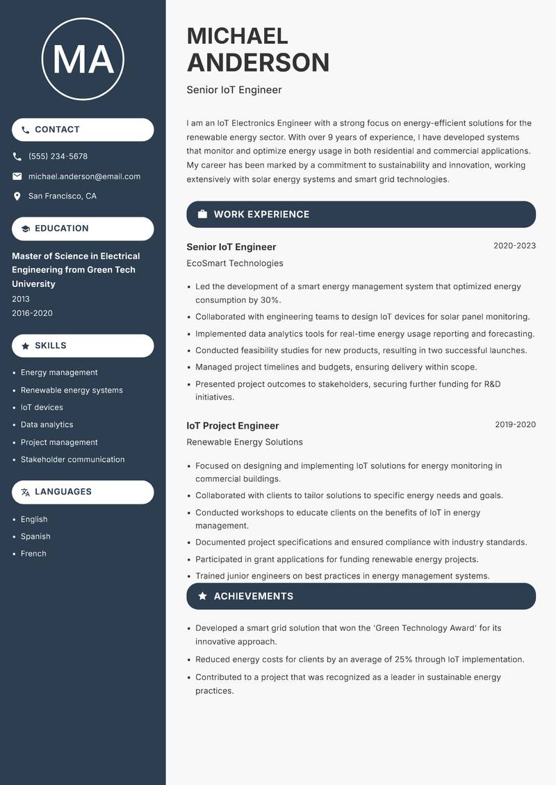 IoT Electronics Engineer resume sample — Senior IoT Engineer focus