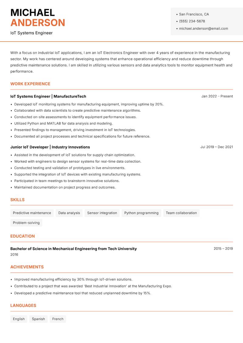 IoT Electronics Engineer resume sample — IoT Systems Engineer focus