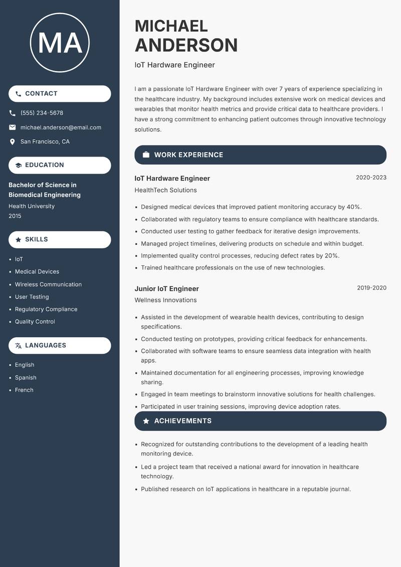 IoT Hardware Engineer resume sample — IoT Hardware Engineer focus