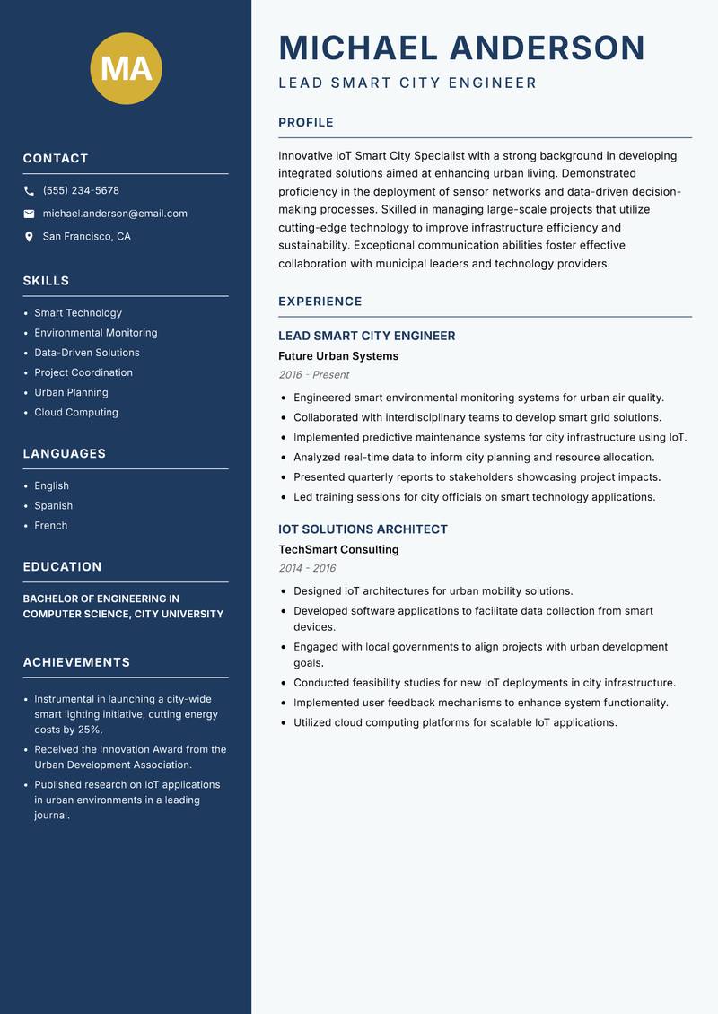IoT Smart City Specialist resume sample — Lead Smart City Engineer focus
