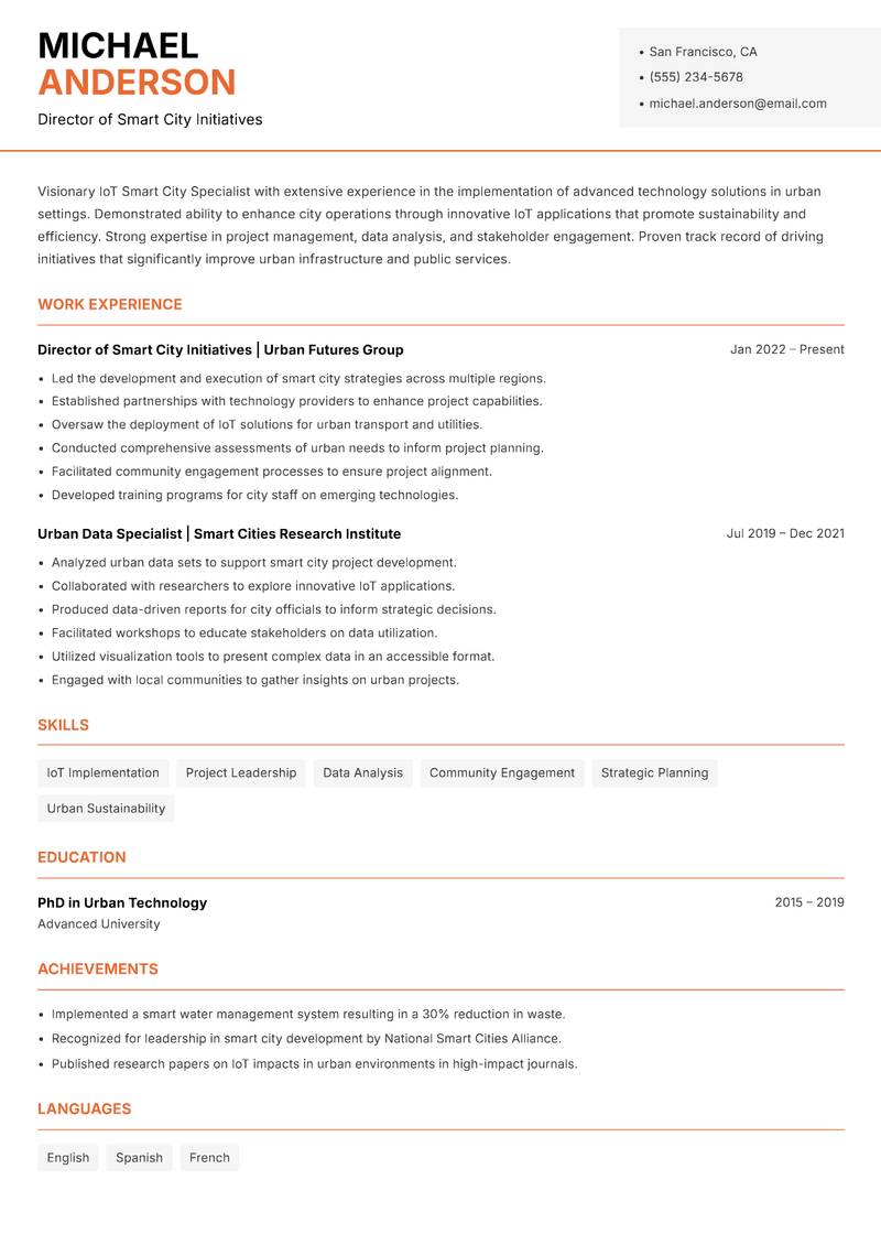 IoT Smart City Specialist resume sample — Director of Smart City Initiatives focus