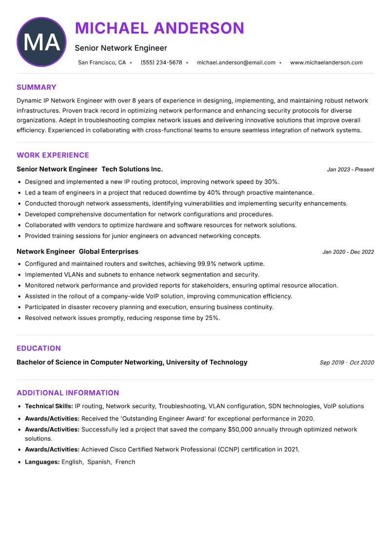 IP Network Engineer resume example