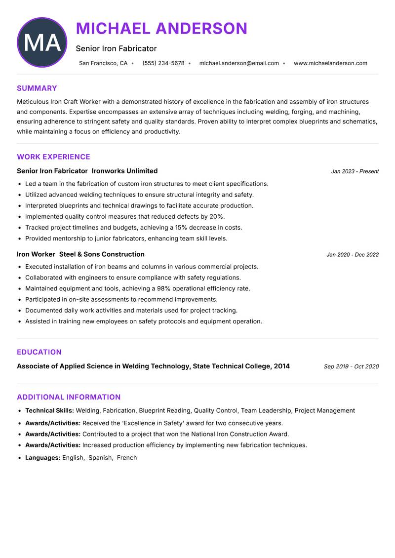 Iron Craft Worker resume example