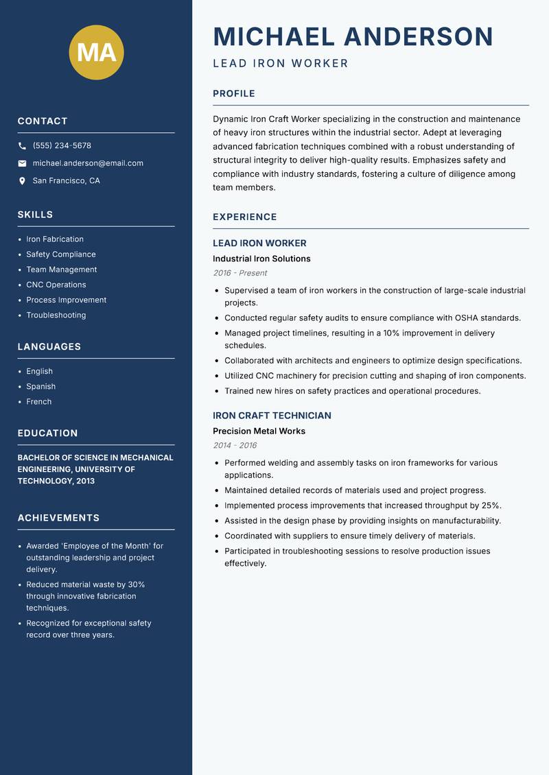 Iron Craft Worker resume sample — Lead Iron Worker focus