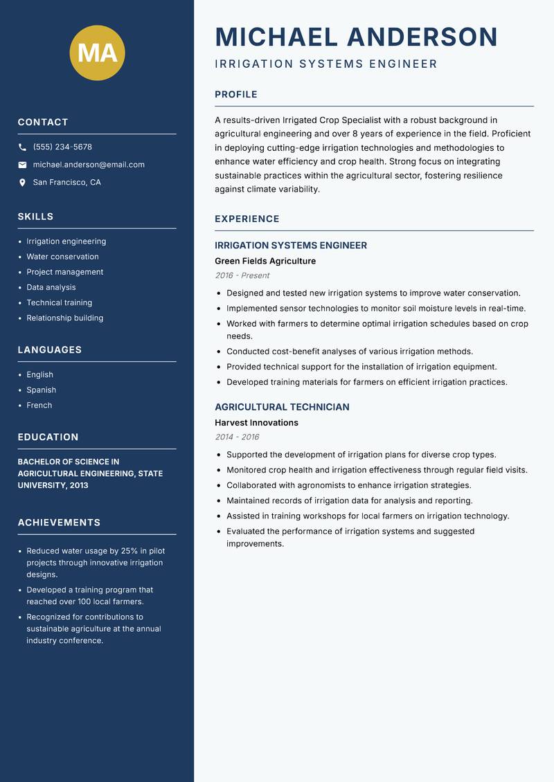 Irrigated Crop Specialist resume sample — Irrigation Systems Engineer focus