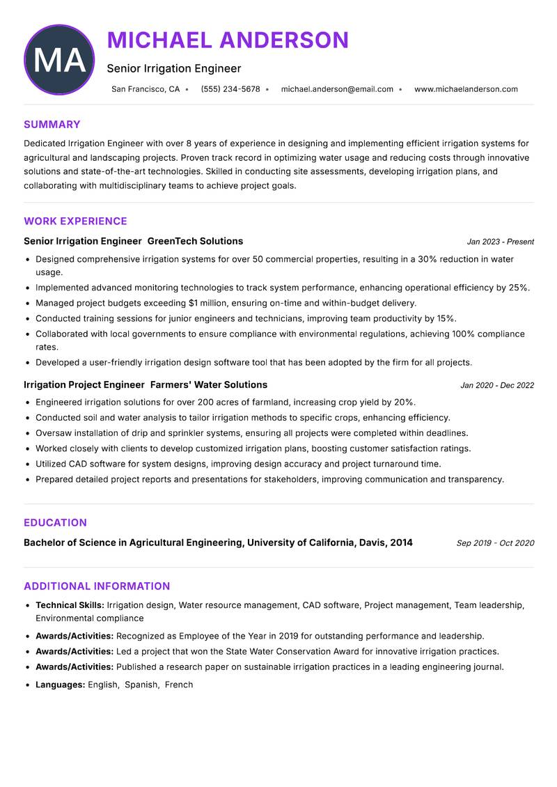 Irrigation Engineer resume example