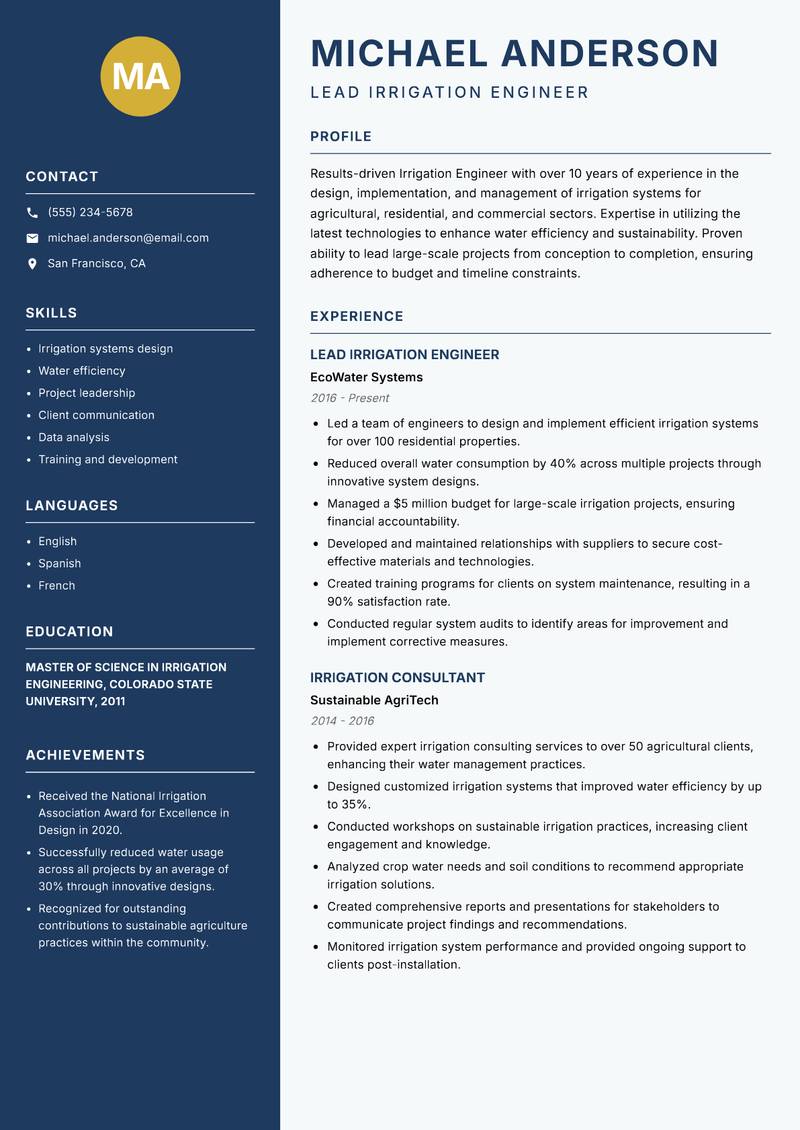 Irrigation Engineer resume sample — Lead Irrigation Engineer focus
