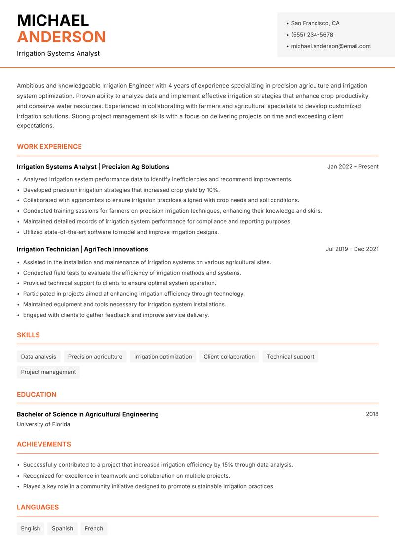 Irrigation Engineer resume sample — Irrigation Systems Analyst focus