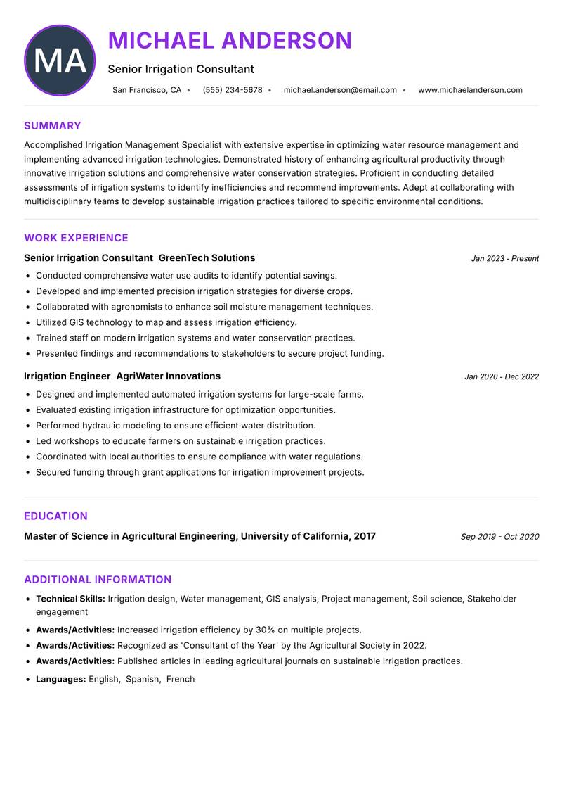 Irrigation Management Specialist resume example