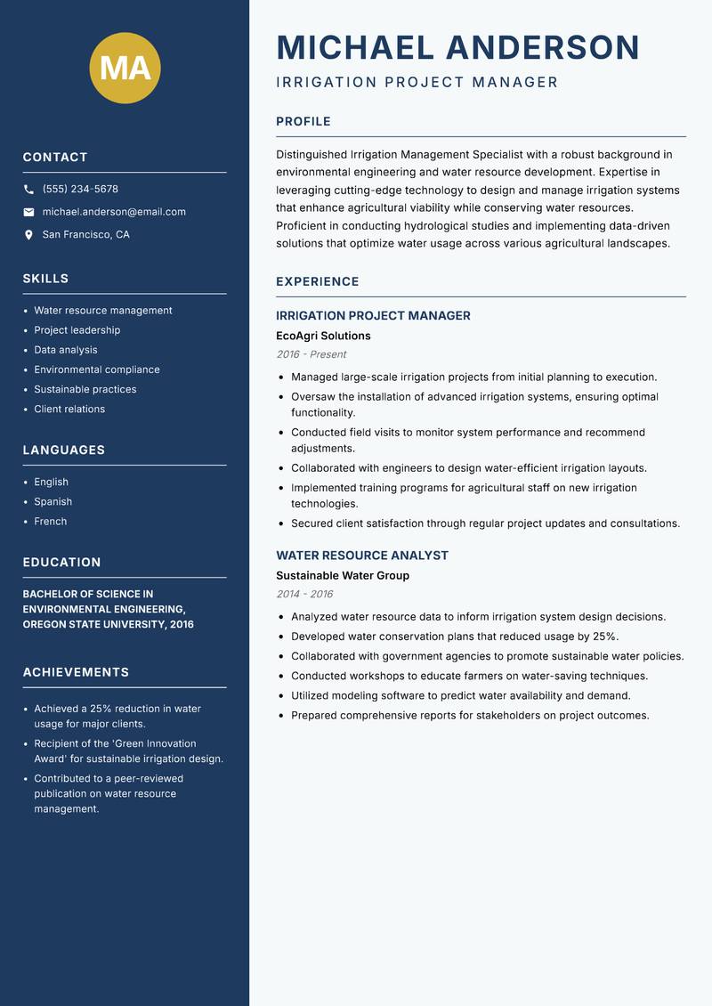 Irrigation Management Specialist resume sample — Irrigation Project Manager focus
