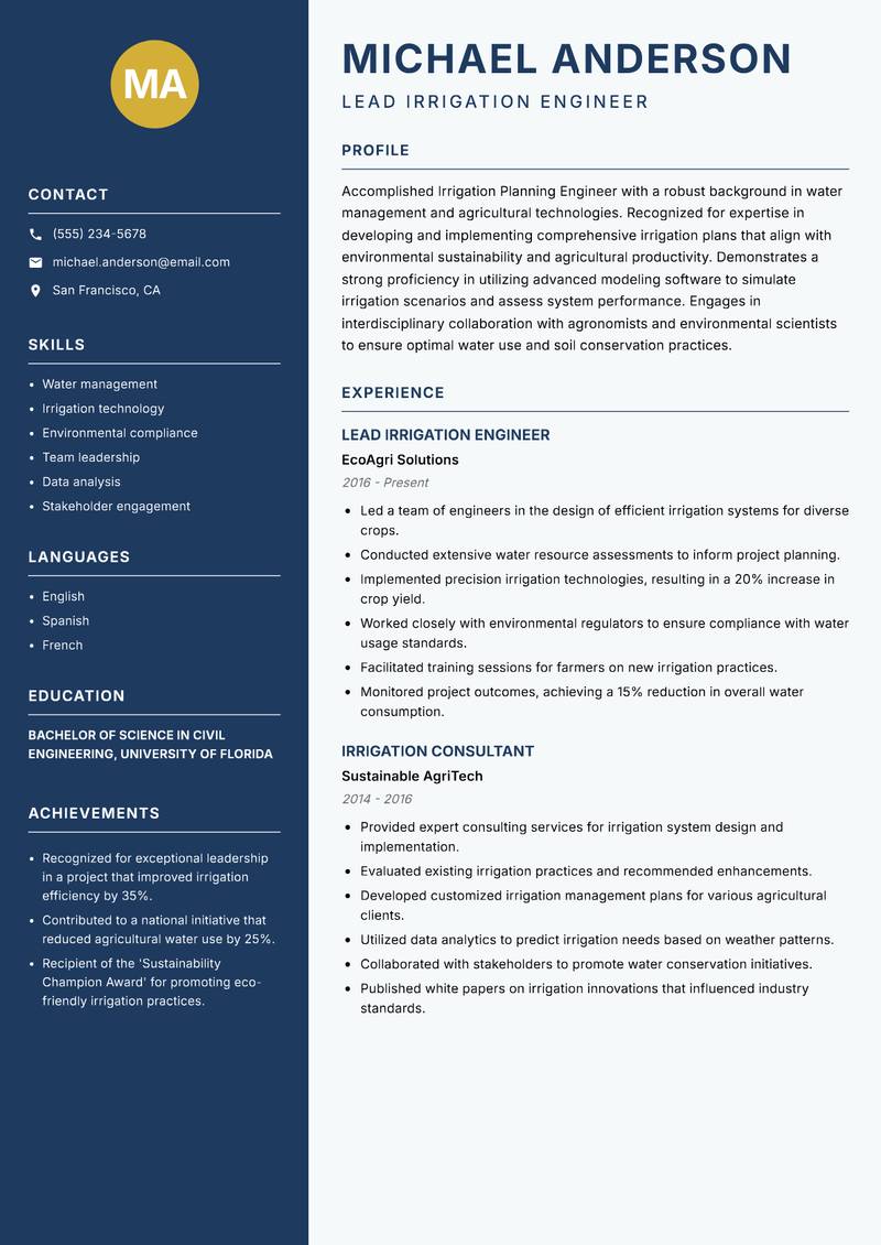 Irrigation Planning Engineer resume sample — Lead Irrigation Engineer focus
