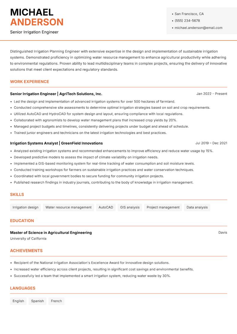 Irrigation Planning Engineer resume sample — Senior Irrigation Engineer focus