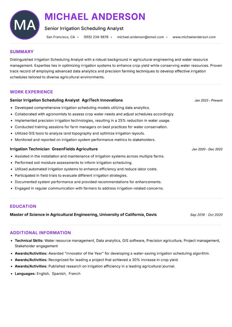 Irrigation Scheduling Analyst resume example