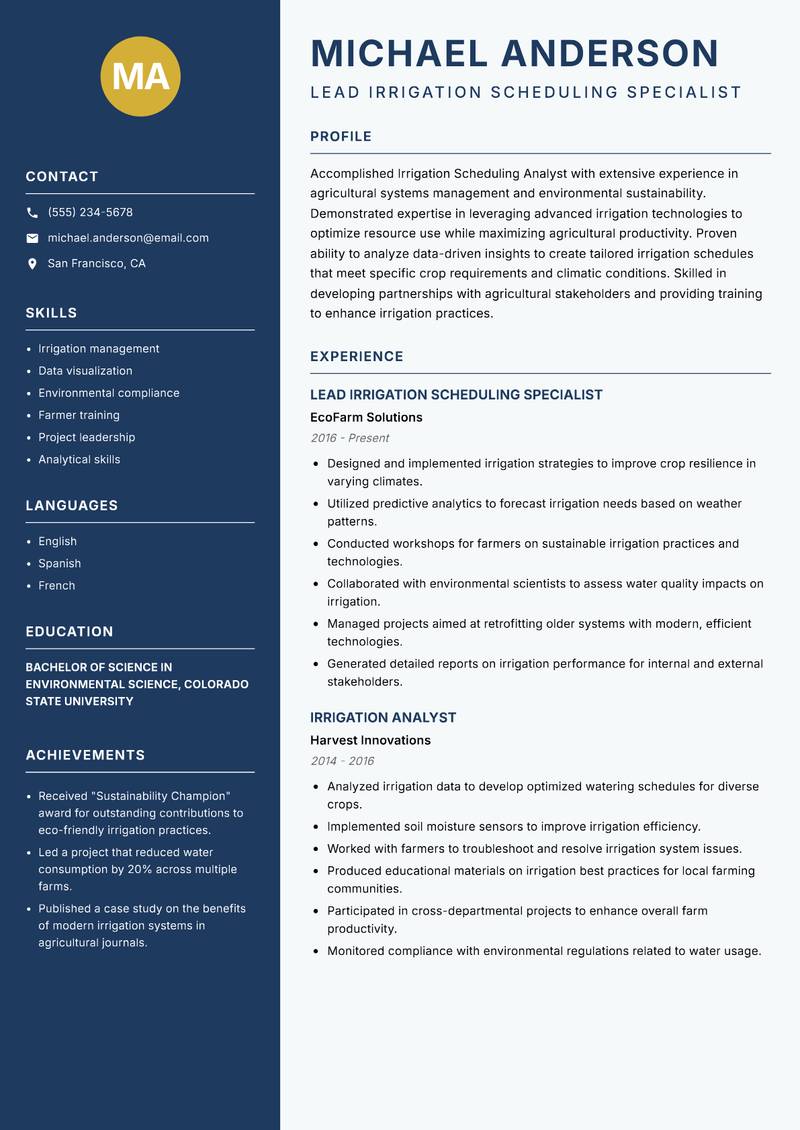 Irrigation Scheduling Analyst resume sample — Lead Irrigation Scheduling Specialist focus