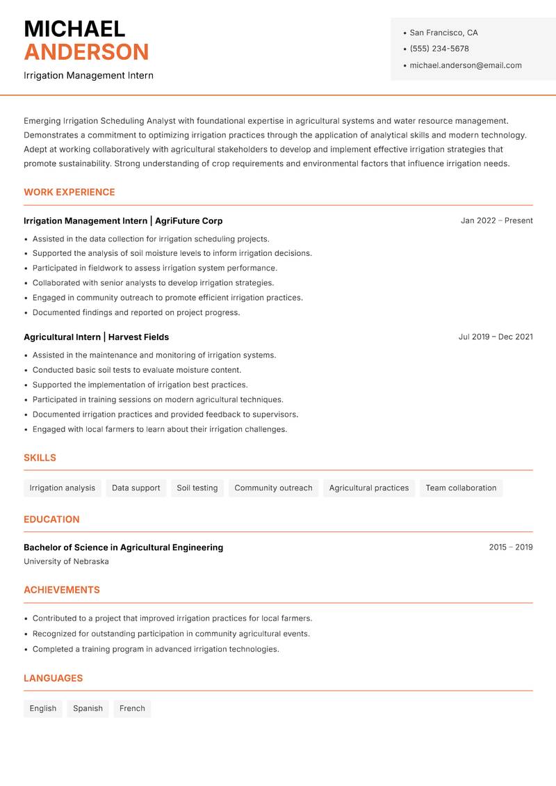Irrigation Scheduling Analyst resume sample — Irrigation Management Intern focus