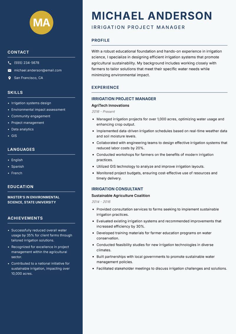 Irrigation Scientist resume sample — Irrigation Project Manager focus