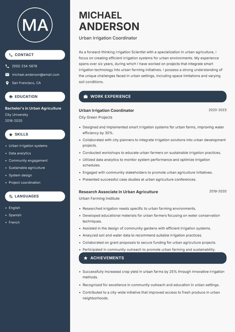 Irrigation Scientist resume sample — Urban Irrigation Coordinator focus