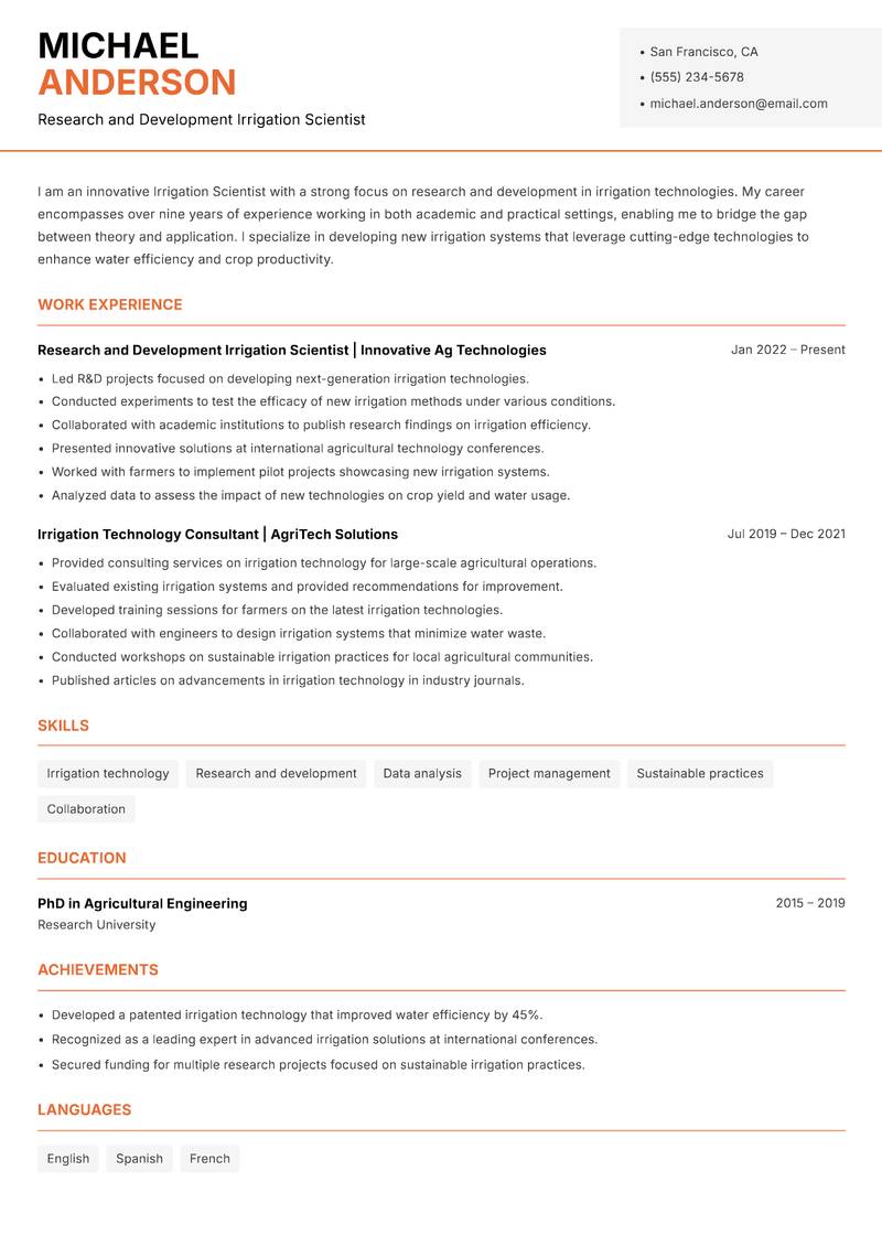 Irrigation Scientist resume sample — Research and Development Irrigation Scientist focus