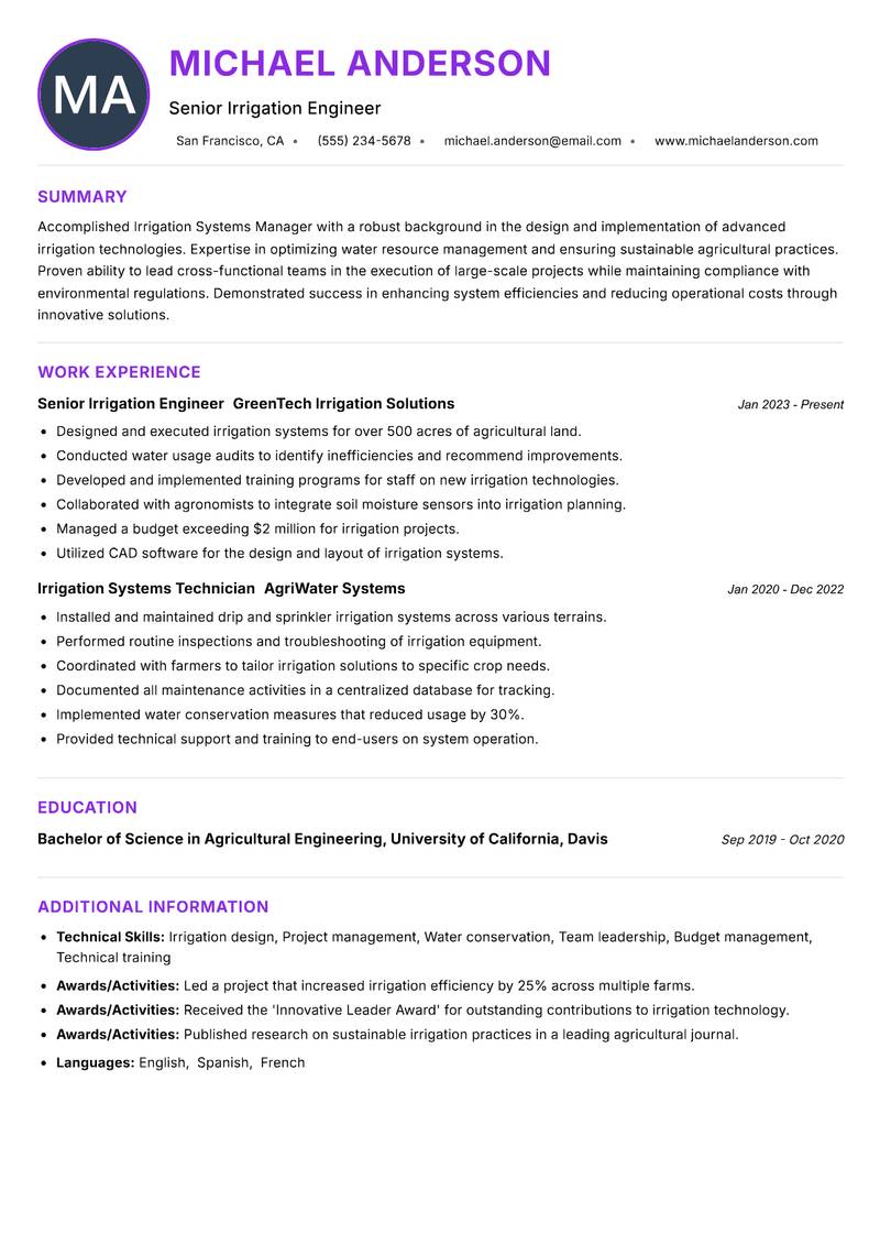 Irrigation Systems Manager resume example