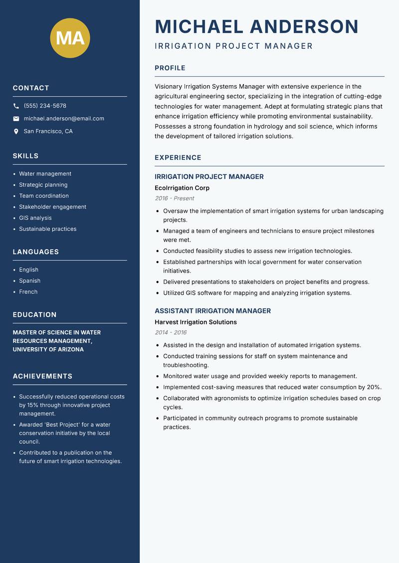 Irrigation Systems Manager resume sample — Irrigation Project Manager focus