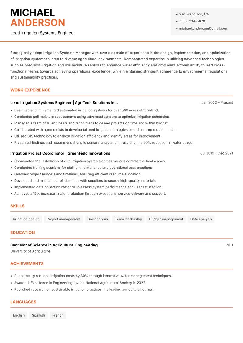 Irrigation Systems Manager resume sample — Lead Irrigation Systems Engineer focus