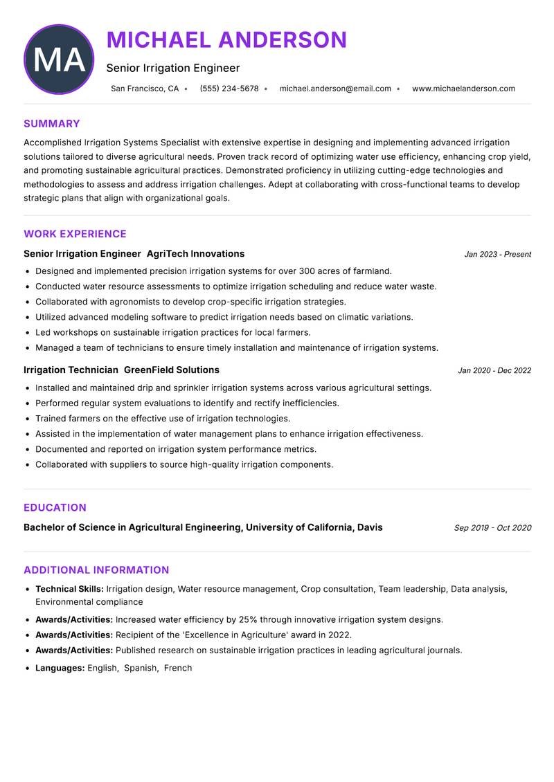 Irrigation Systems Specialist resume example