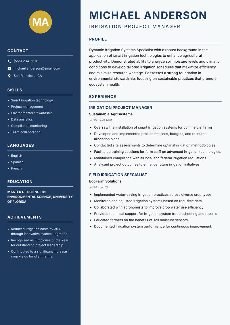 Irrigation Systems Specialist resume sample — Irrigation Project Manager focus