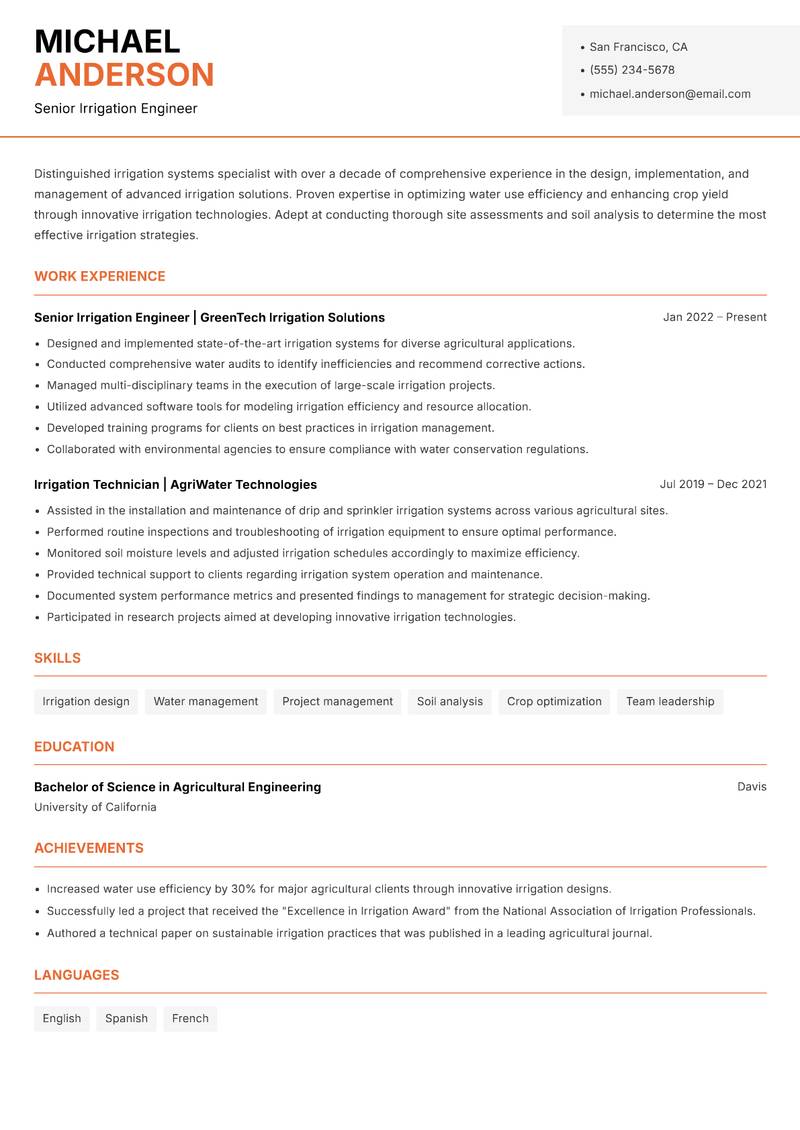 Irrigation Systems Specialist resume sample — Senior Irrigation Engineer focus