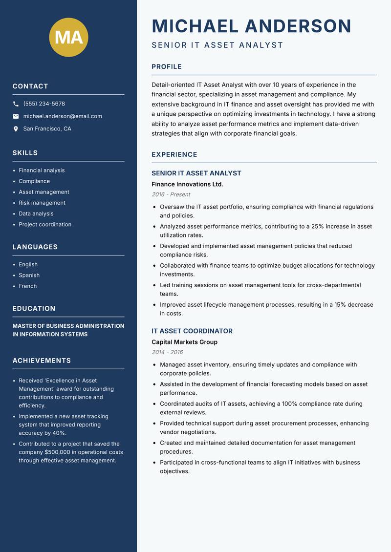 IT Asset Analyst resume sample — Senior IT Asset Analyst focus