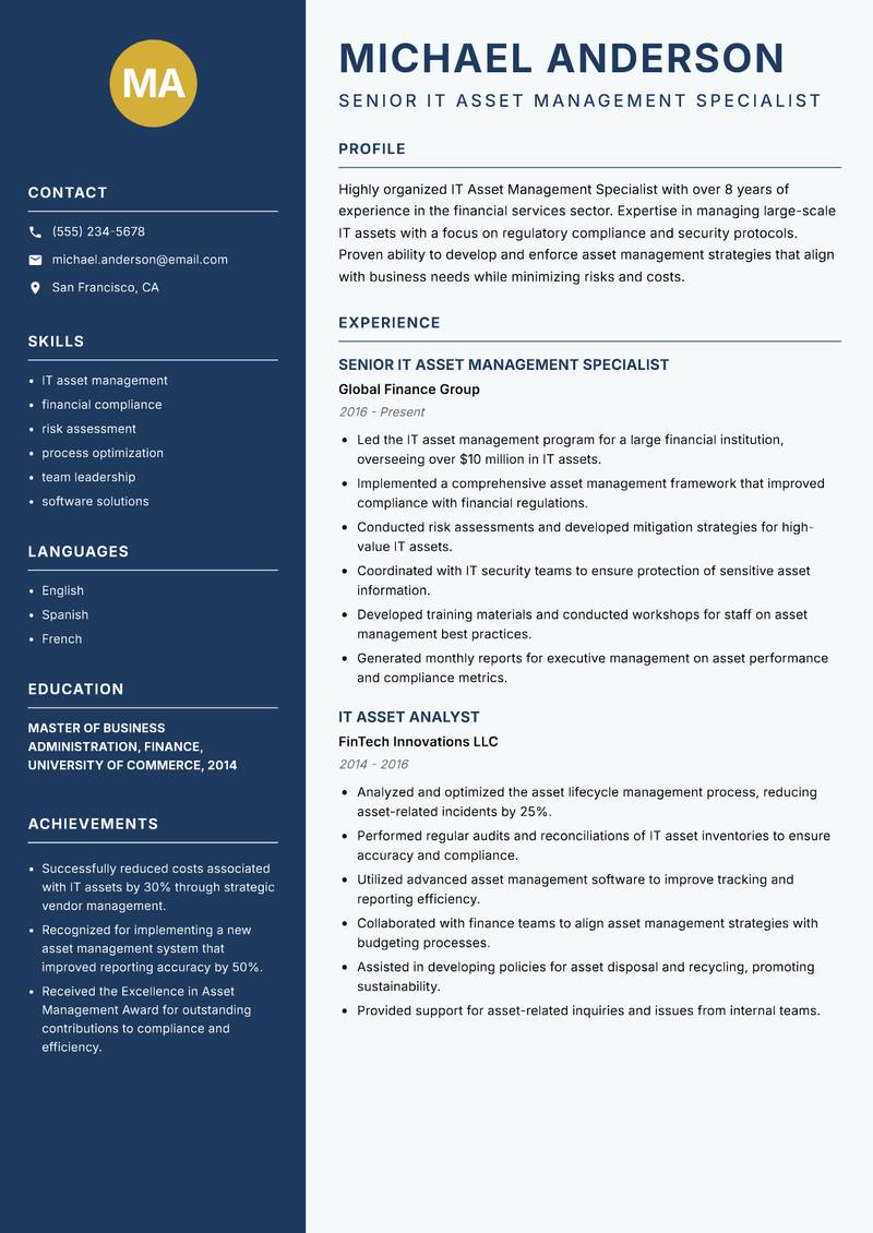 IT Asset Management Specialist resume sample — Senior IT Asset Management Specialist focus