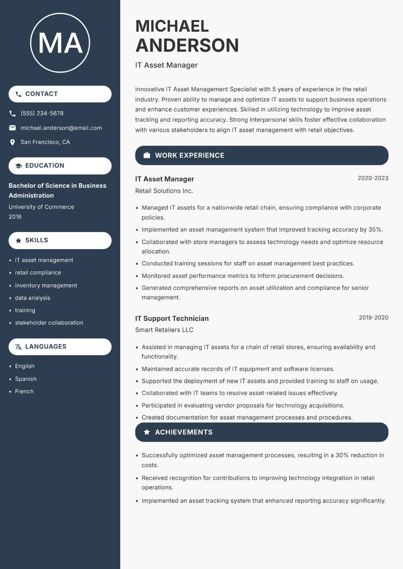 IT Asset Management Specialist resume sample — IT Asset Manager focus