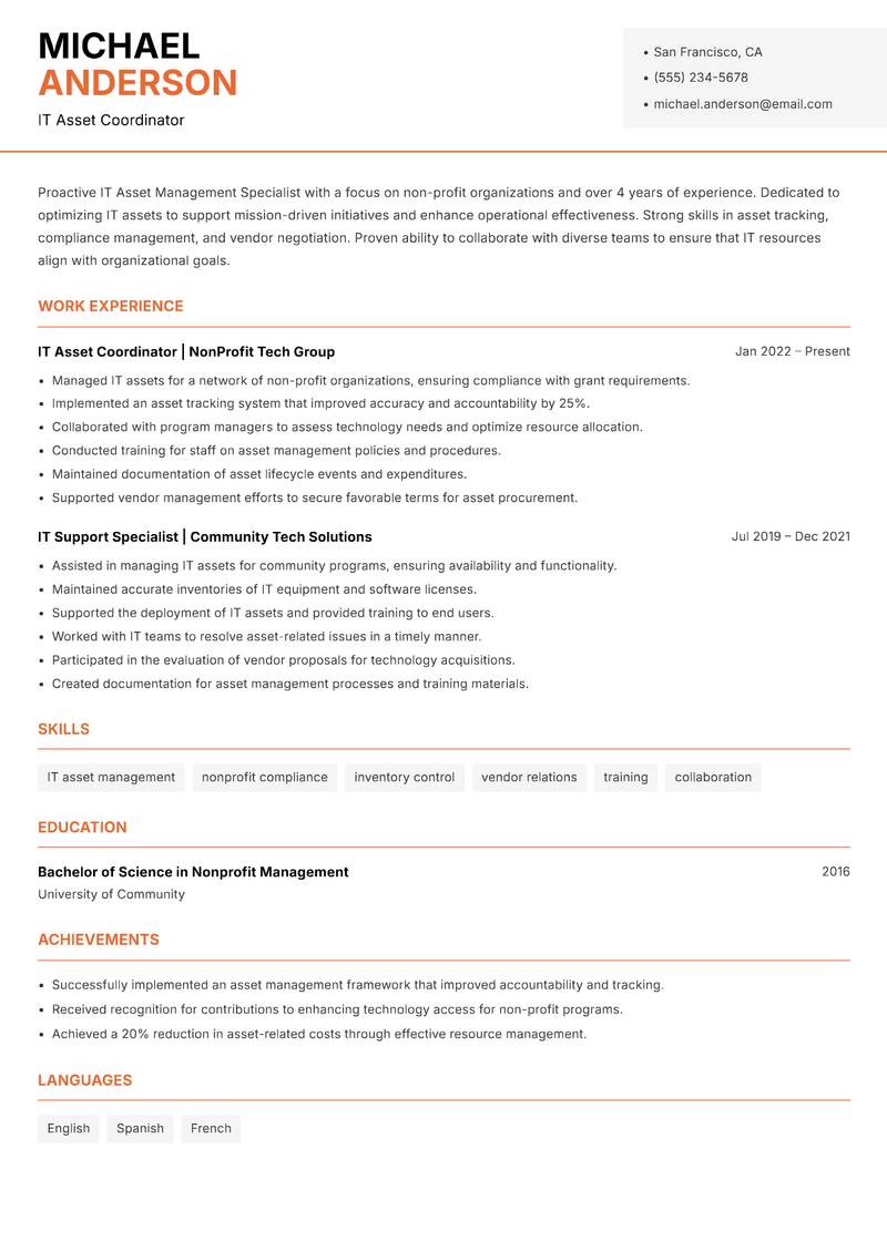 IT Asset Management Specialist resume sample — IT Asset Coordinator focus