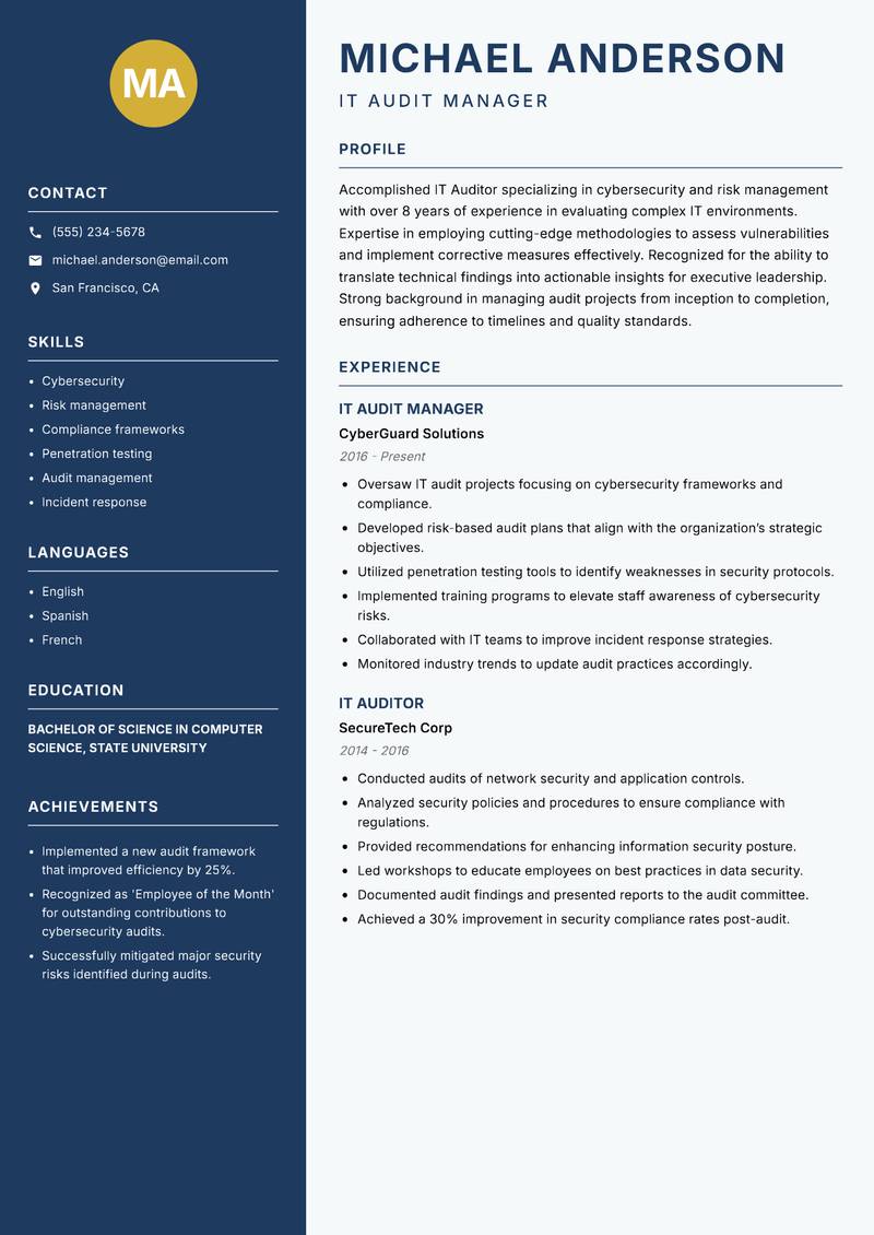 IT Auditor resume sample — IT Audit Manager focus