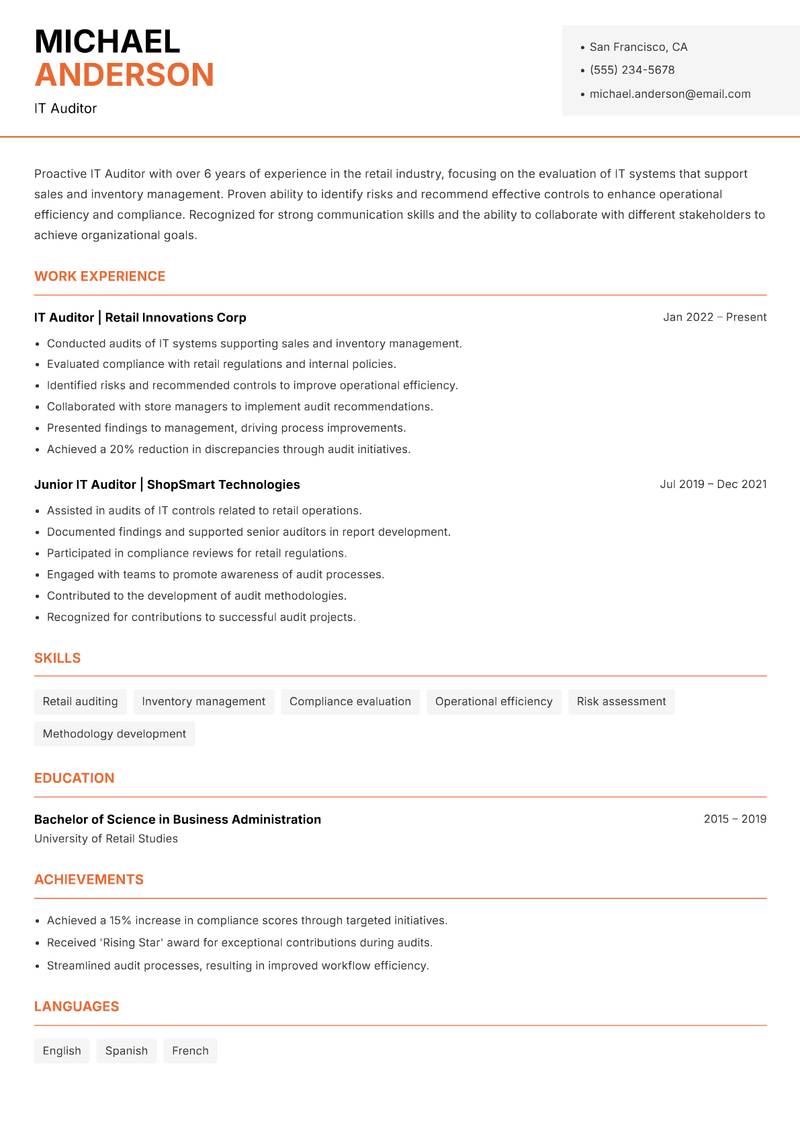 IT Auditor resume sample — IT Auditor focus