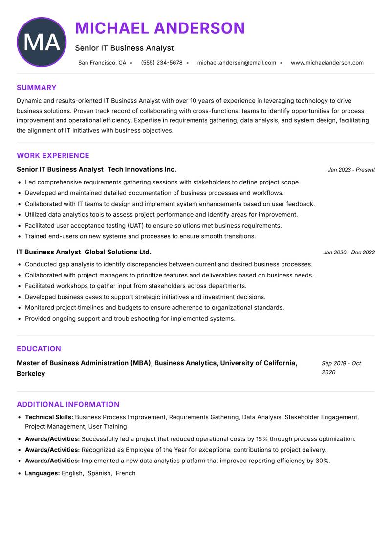 IT Business Analyst resume example
