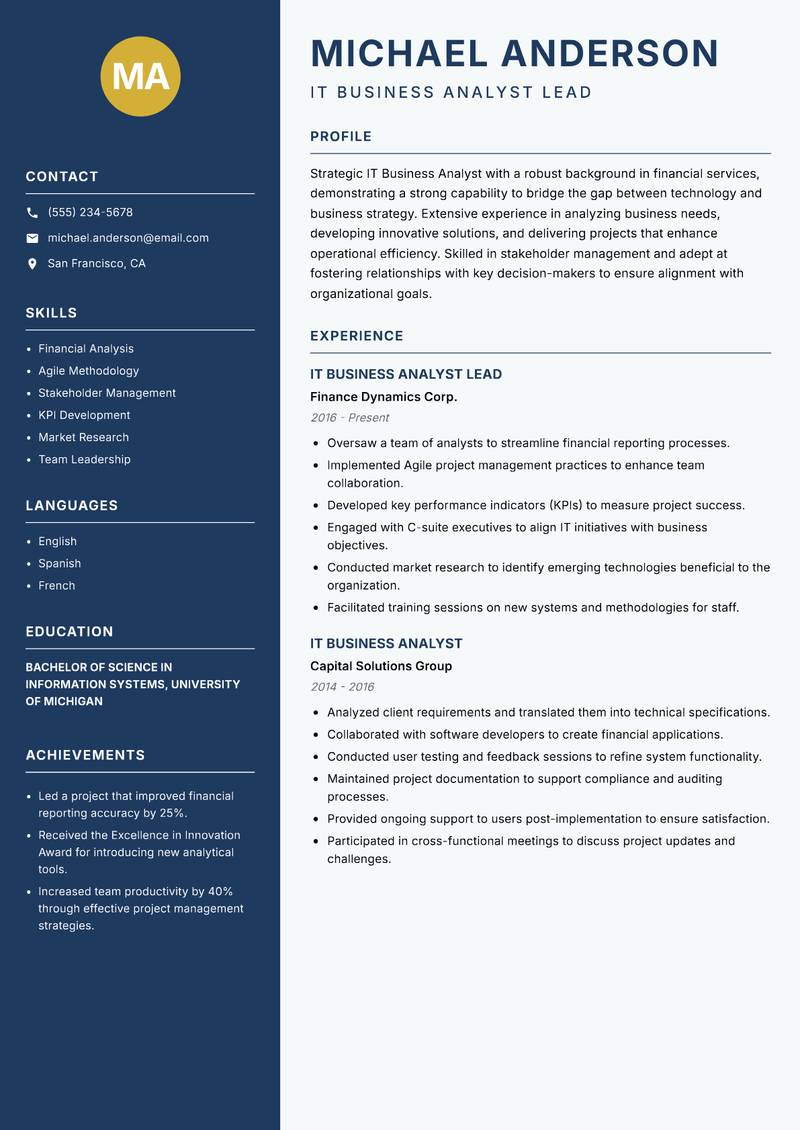 IT Business Analyst resume sample — IT Business Analyst Lead focus