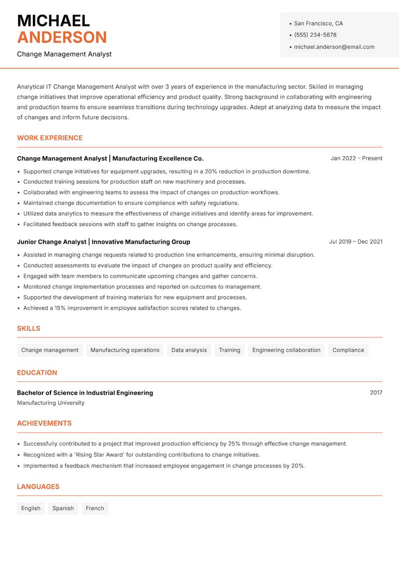 IT Change Management Analyst resume sample — Change Management Analyst focus