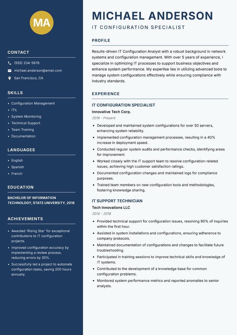 IT Configuration Analyst resume sample — IT Configuration Specialist focus