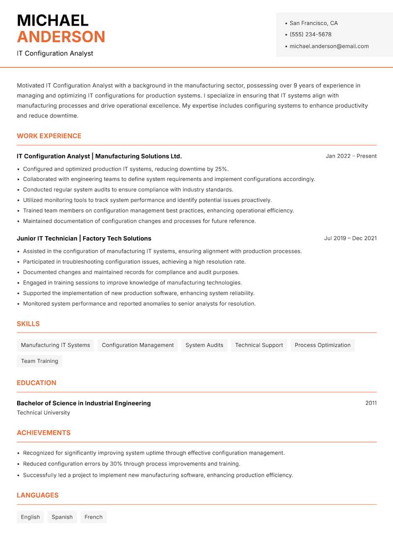 IT Configuration Analyst resume sample — IT Configuration Analyst focus