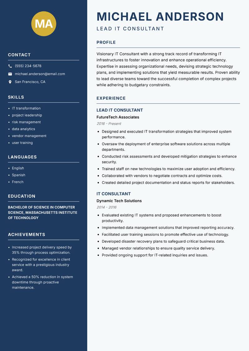 IT Consultant resume sample — Lead IT Consultant focus