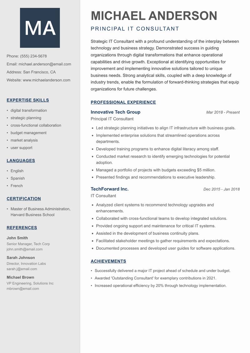 IT Consultant resume sample — Principal IT Consultant focus