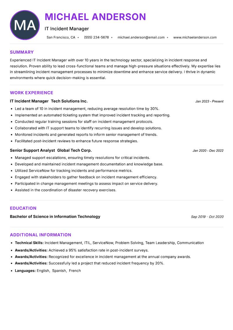 IT Incident Manager resume example