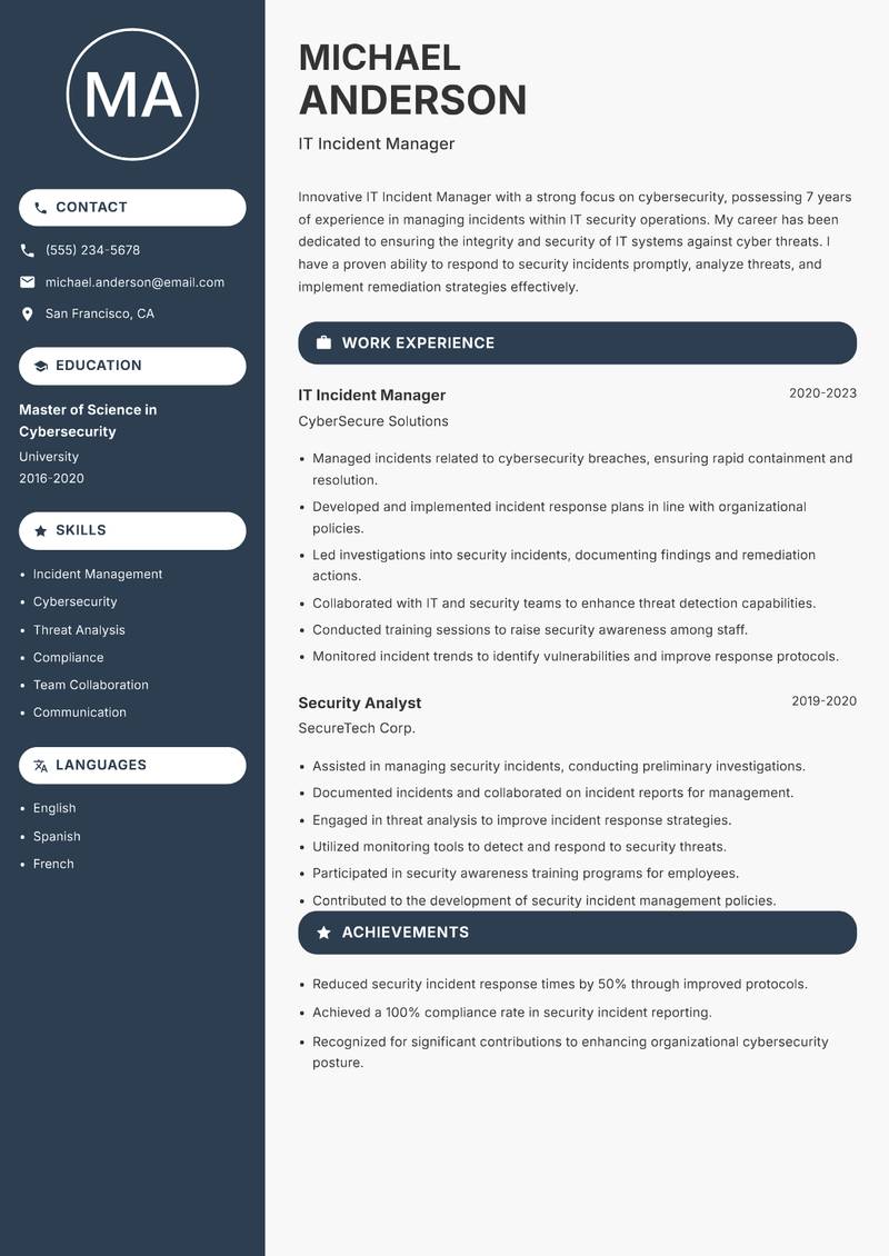 IT Incident Manager resume sample — IT Incident Manager focus