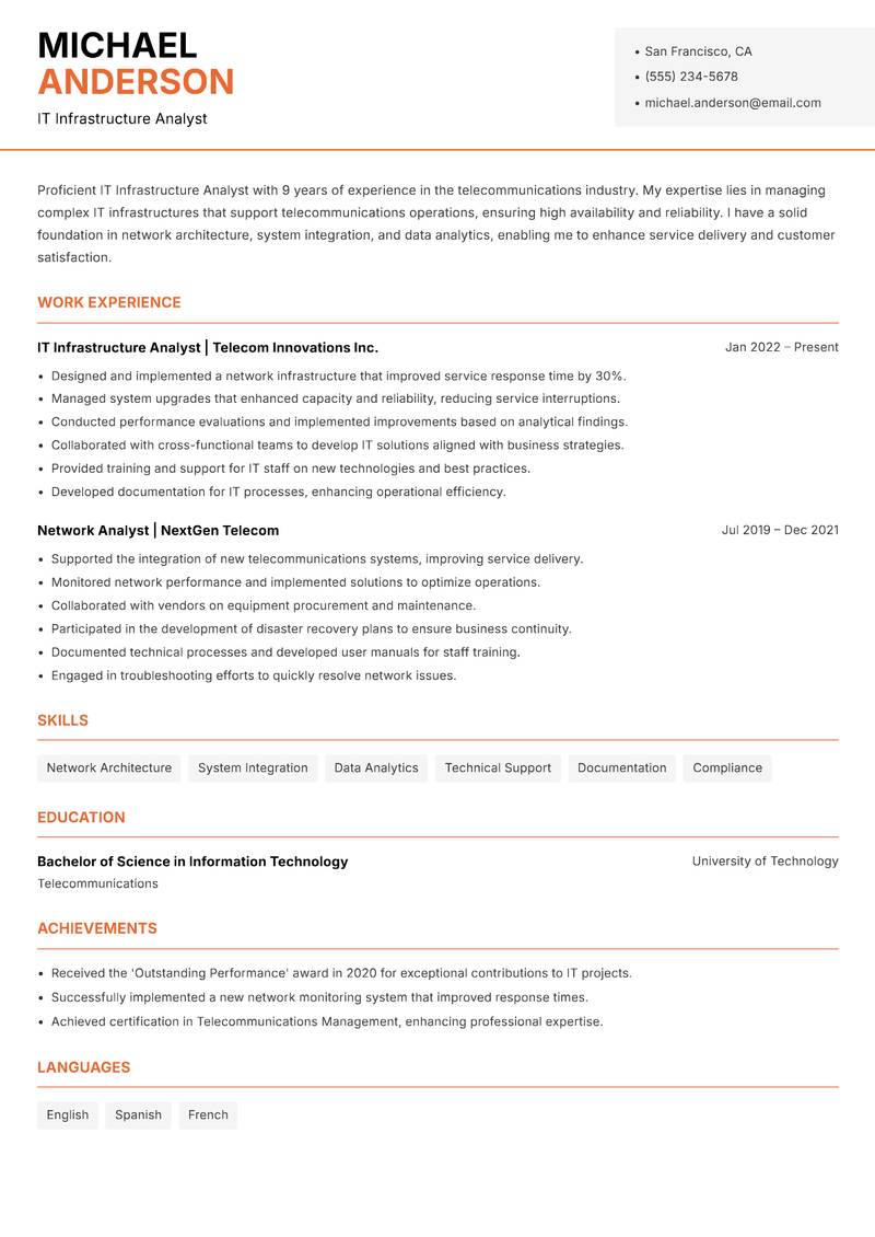 IT Infrastructure Analyst resume sample — IT Infrastructure Analyst focus