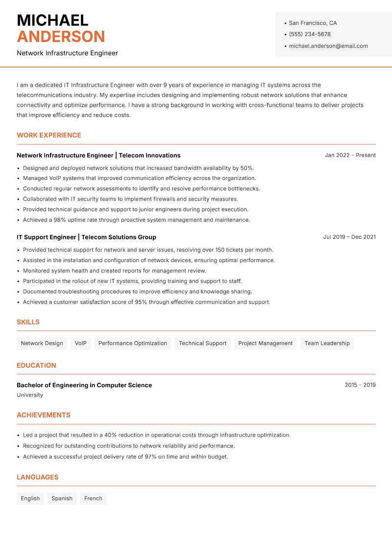 IT Infrastructure Engineer resume sample — Network Infrastructure Engineer focus