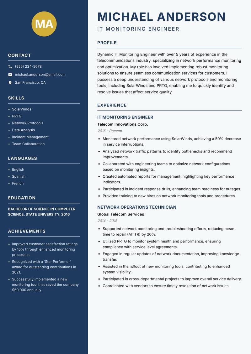 IT Monitoring Engineer resume sample — IT Monitoring Engineer focus