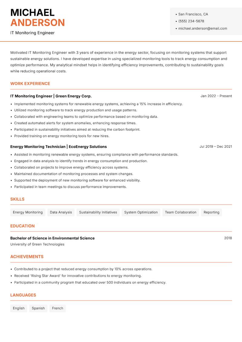 IT Monitoring Engineer resume sample — IT Monitoring Engineer focus