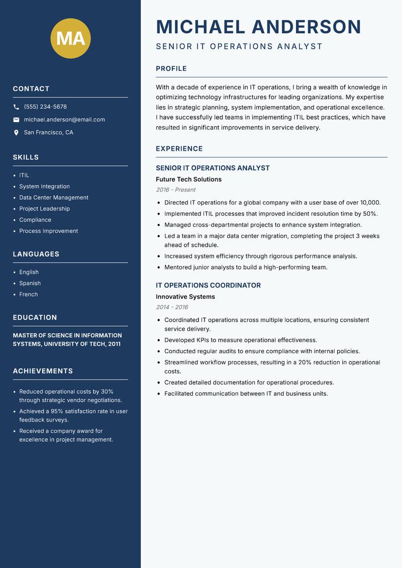 IT Operations Analyst resume sample — Senior IT Operations Analyst focus