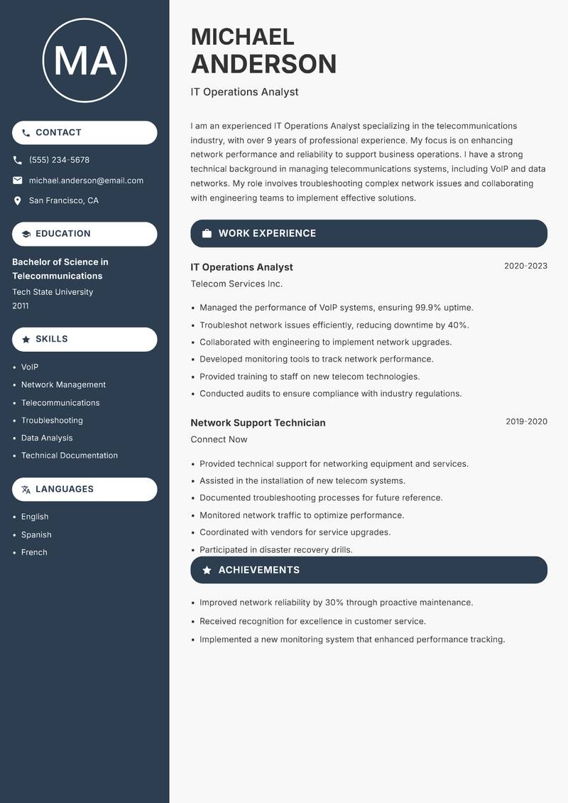 IT Operations Analyst resume sample — IT Operations Analyst focus
